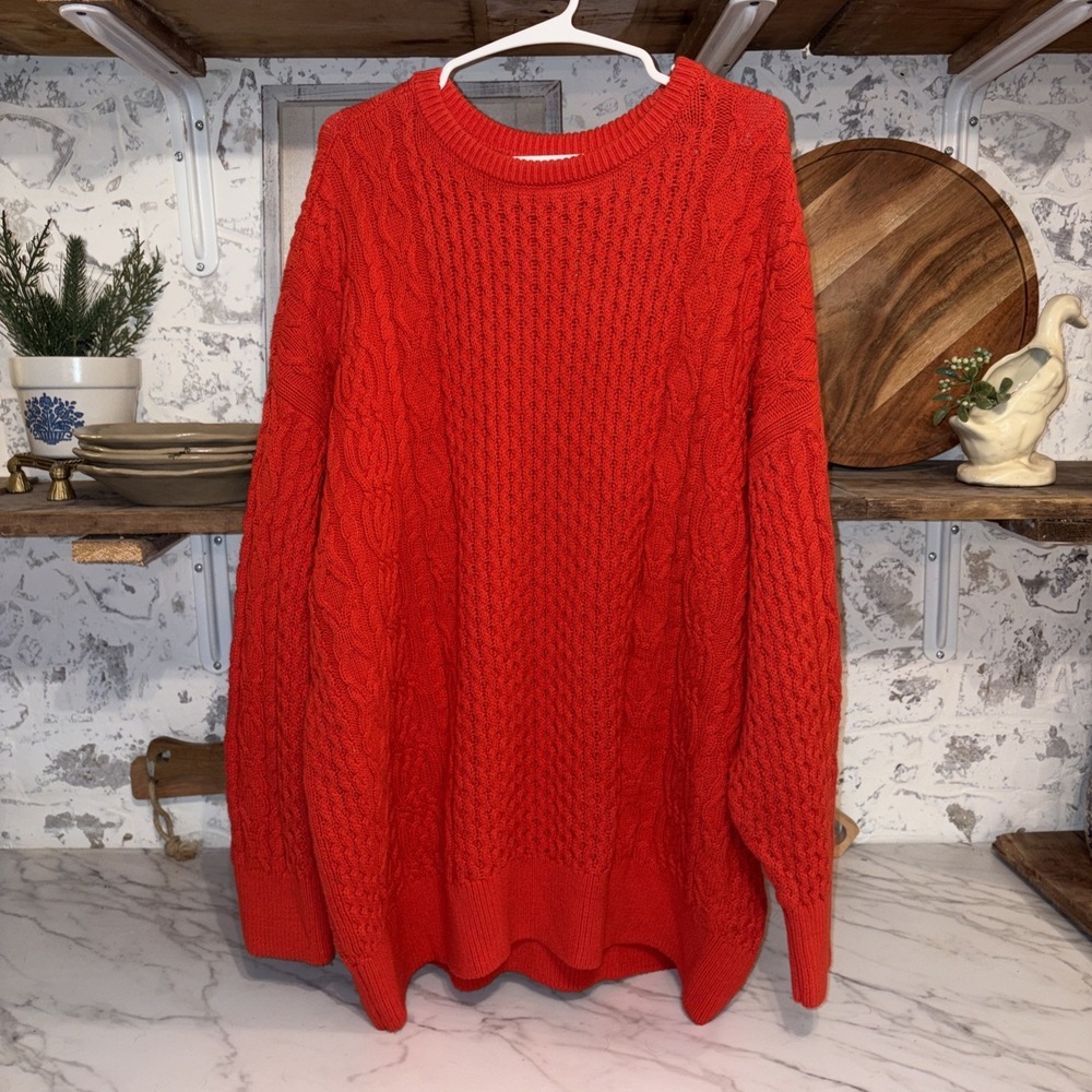 Vivid Red Pullover Cableknit Cozy Fall Sweater Women's Size XL Cotton Blend